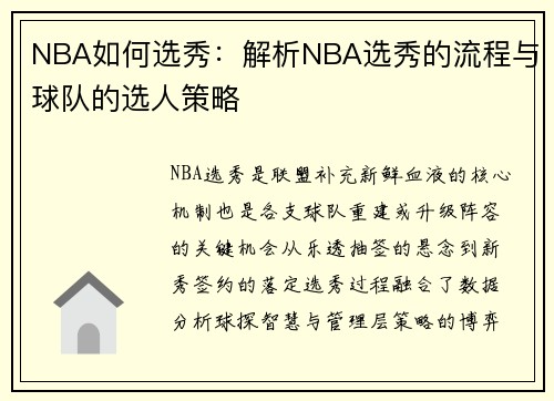 NBA如何选秀：解析NBA选秀的流程与球队的选人策略